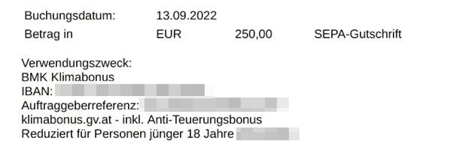 Überweisung: Mann erhielt nur 250 Euro Klimabonus inklusive Anti-Teuerungsbonus. Als Vermerk dabei: "Reduziert für Personen jünger 18 Jahre"