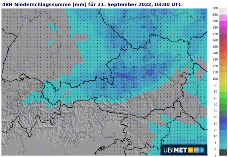 48h Niederschlagsprognose von Montagmorgen bis Mittwochmorgen. © UBIMET