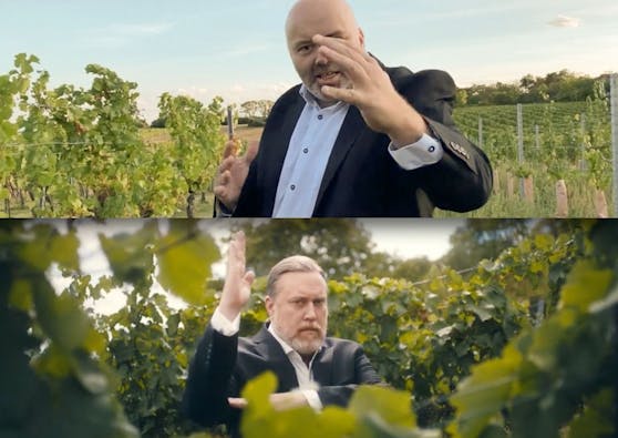 Günter Schütter (o.) parodiert Nicholas Ofczarek in den neuen Videos für Burgenlands Weine (re.)