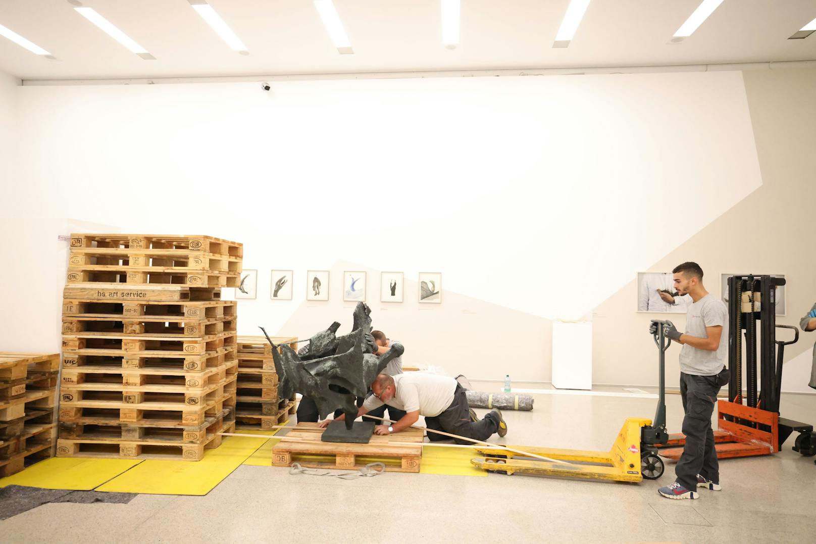 Vier Männer, eine Skulptur: Aufbauarbeiten der Schau "Das Tier in Dir" im mumok.