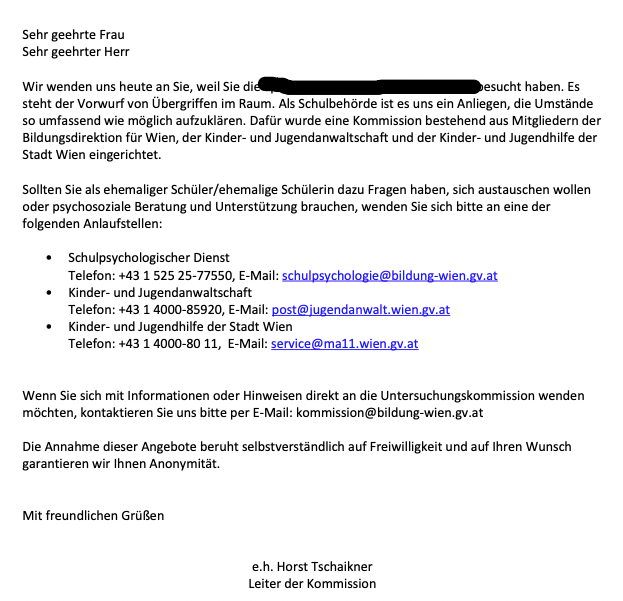 Diesen Brief erhalten nun ehemalige Schüler der Mittelschule in Wien-Leopoldstadt.