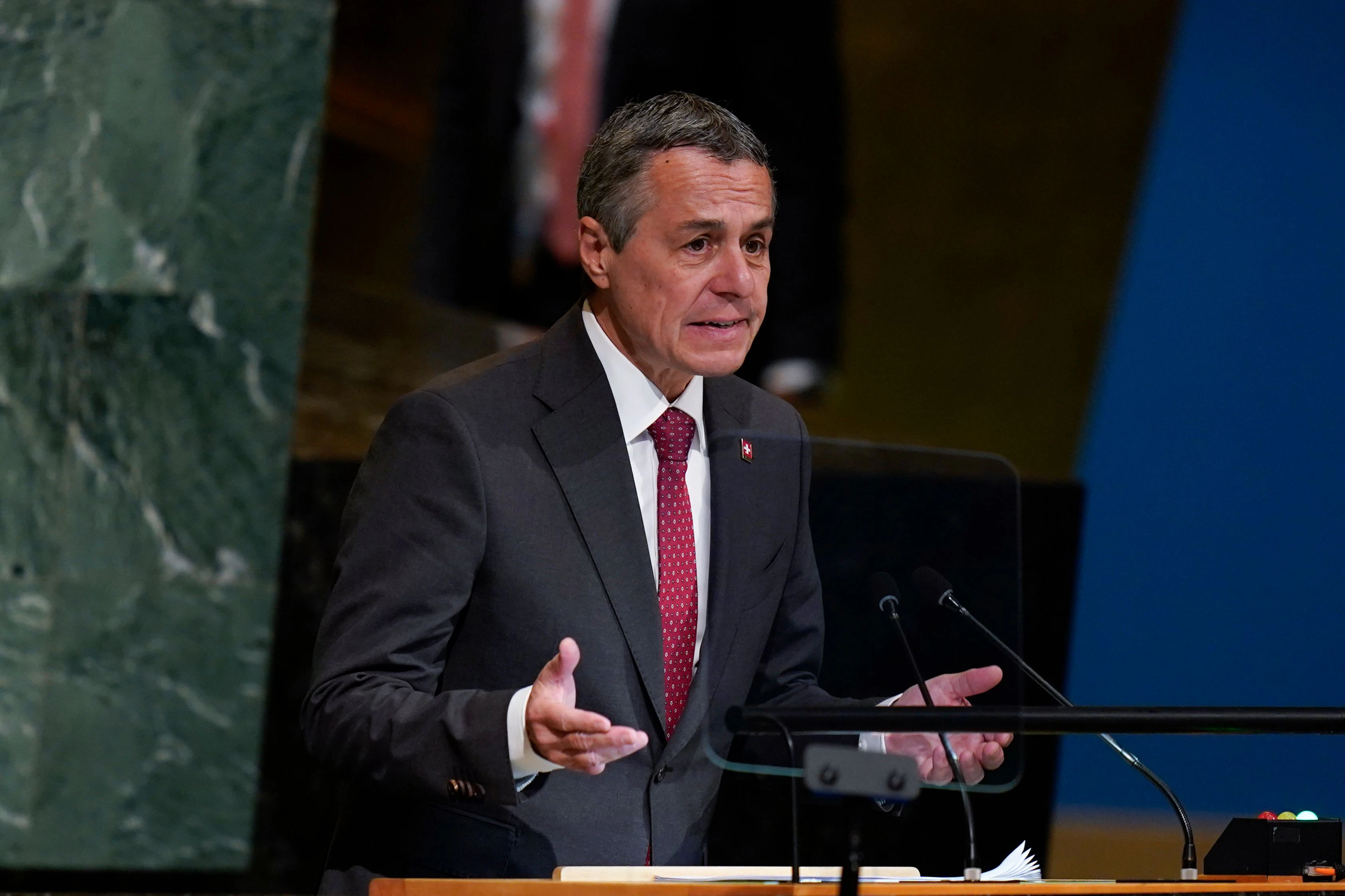 Download von www.picturedesk.com am 22.09.2022 (18:30).  Ignazio Cassis, President of Switzerland, addresses the 77th session of the General Assembly at United Nations headquarters, Tuesday, Sept. 20, 2022. (AP Photo/Seth Wenig) - 20220920_PD8479 - Rechteinfo: Rights Managed (RM)