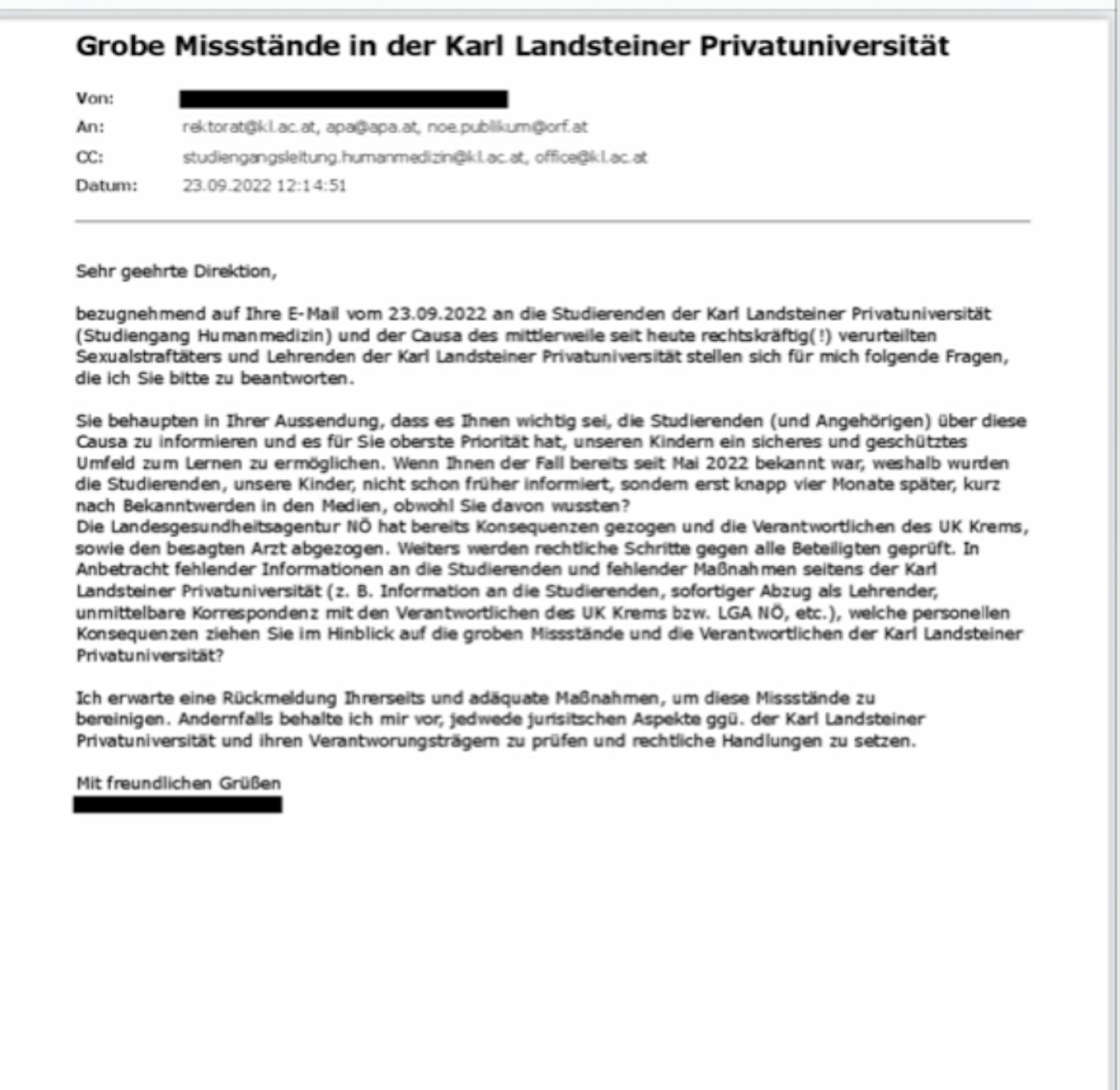 Brief von Eltern an Landsteiner-Uni