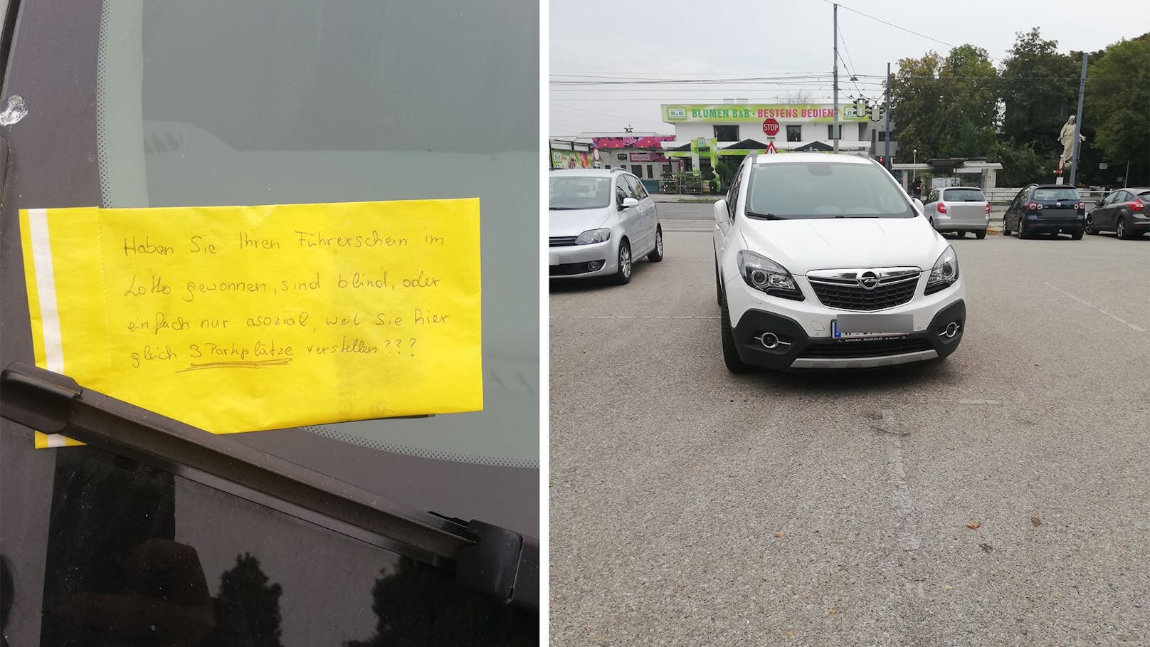 Weil der weiße Opel vier Parkplätze verstellte, kassierte er einen fiesen Brief.