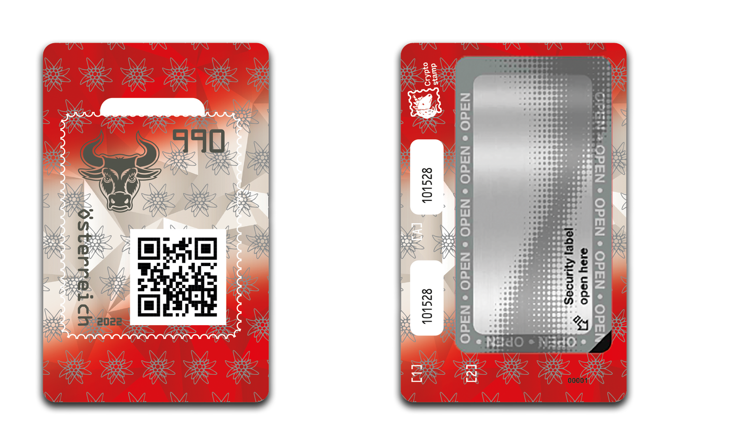 Auf der neuen Crypto stamp 4.0 der Österreichischen Post ist der Bulle zu sehen, sie ist in rot-weiß-rot gehalten und zeigt zusätzlich das Edelweiß.