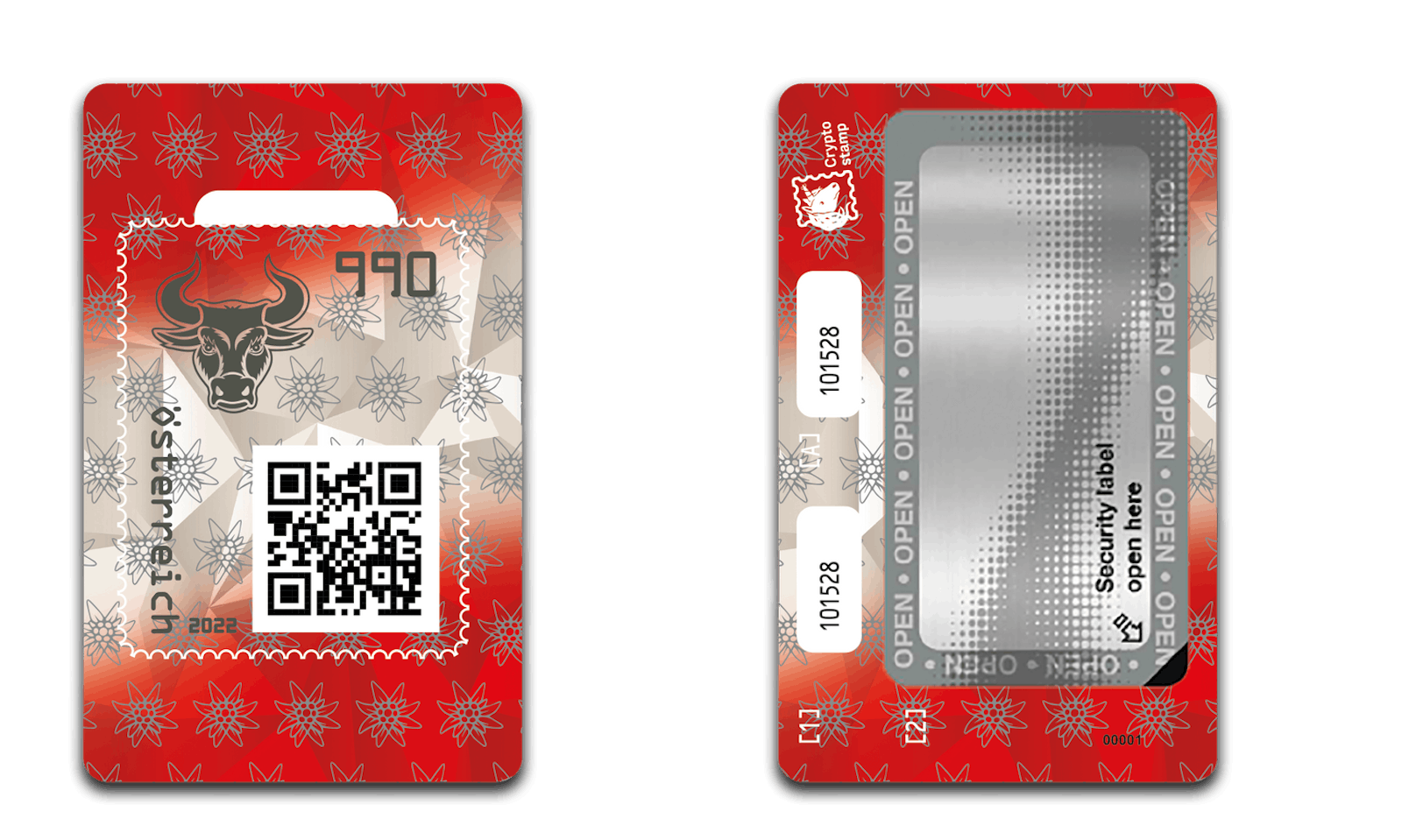 Auf der neuen Crypto stamp 4.0 der Österreichischen Post ist der Bulle zu sehen, sie ist in rot-weiß-rot gehalten und zeigt zusätzlich das Edelweiß.