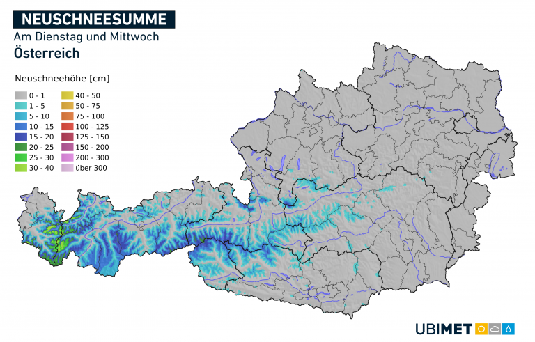Prognose der Neuschneesumme in cm am Dienstag und Mittwoch