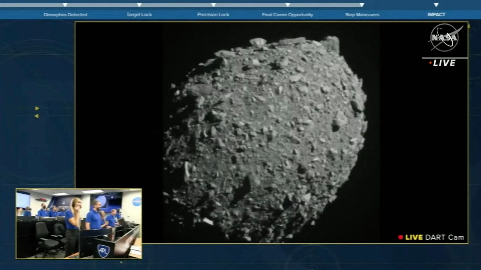 DART-Sonde selbst nahm einer&nbsp;nach vorne gerichteten Kamera ihre Kollision mit dem&nbsp;Asteroiden&nbsp;Dimorphos auf.