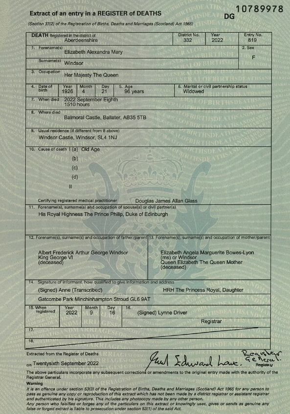 Die Sterbeurkunde von Queen Elizabeth II.