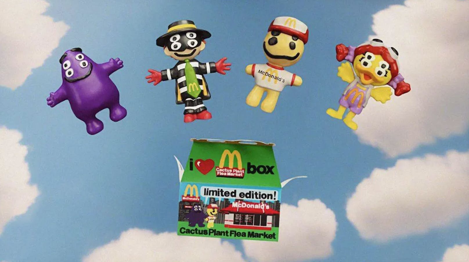 Die Limited Edition von McDonald’s kommt mit den altbekannten Maskottchen des Fastfood-Restaurants und einer neuen Figur: Grimace, Hamburglar, Cactus Buddy und Birdie.