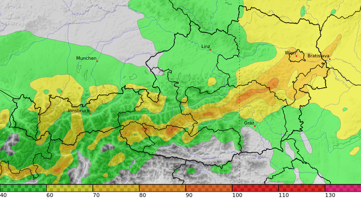 Zum Umschwung der Großwetterlage wird es noch einmal sehr windig: UCM-Modellprognose der Windspitzen am Montag.