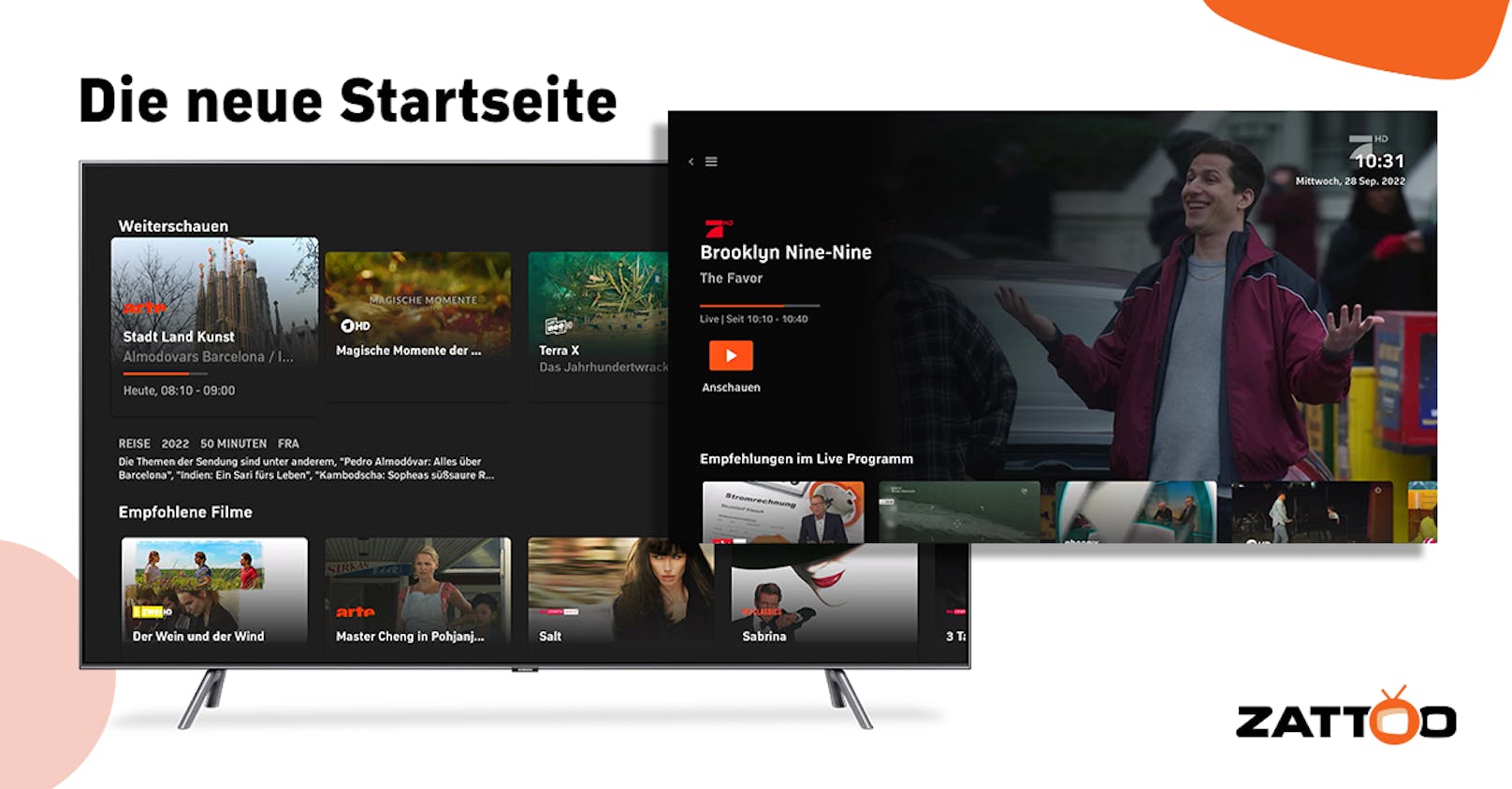 Zattoo App auf Smart-TVs und Streaming-Geräten mit neuer und personalisierter Startseite.