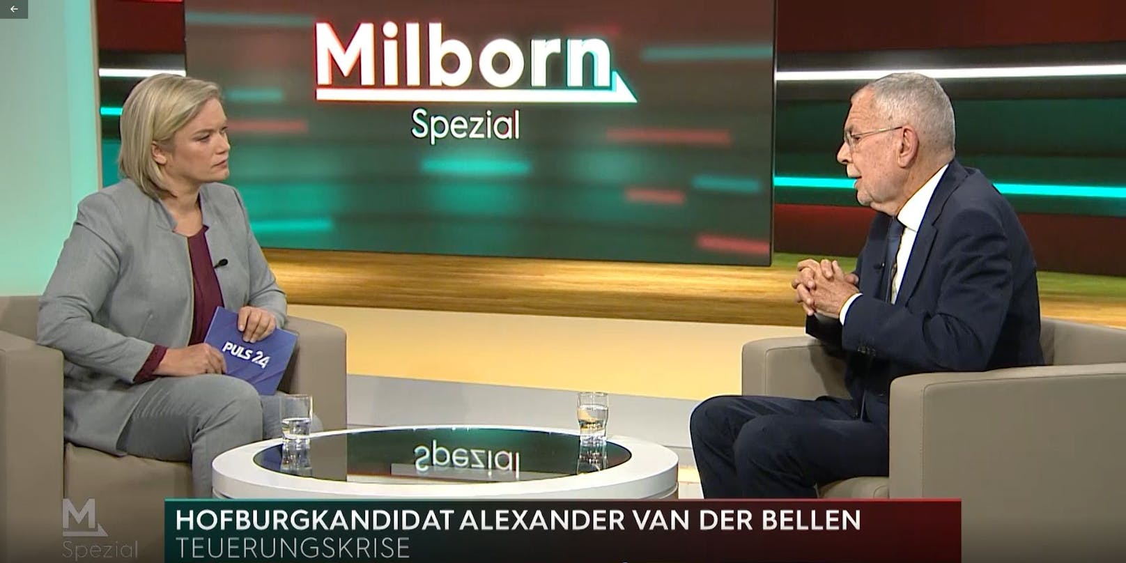 Puls-24-Moderatorin Corinna Milborn im Interview mit Bundespräsident Alexander Van der Bellen.