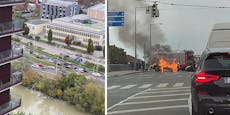 Auto brennt auf Stadionbrücke – Großeinsatz in Wien