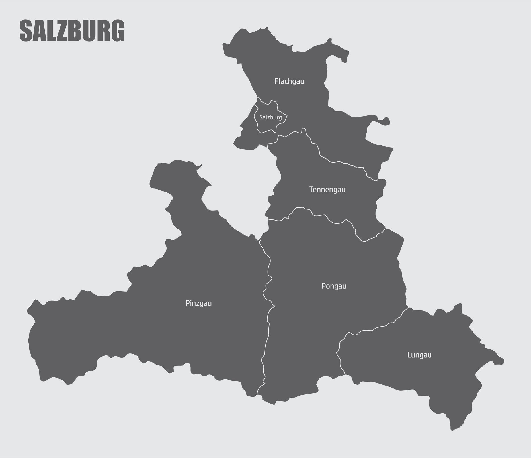 Salzburg state administrative map. Isolated map with labels.