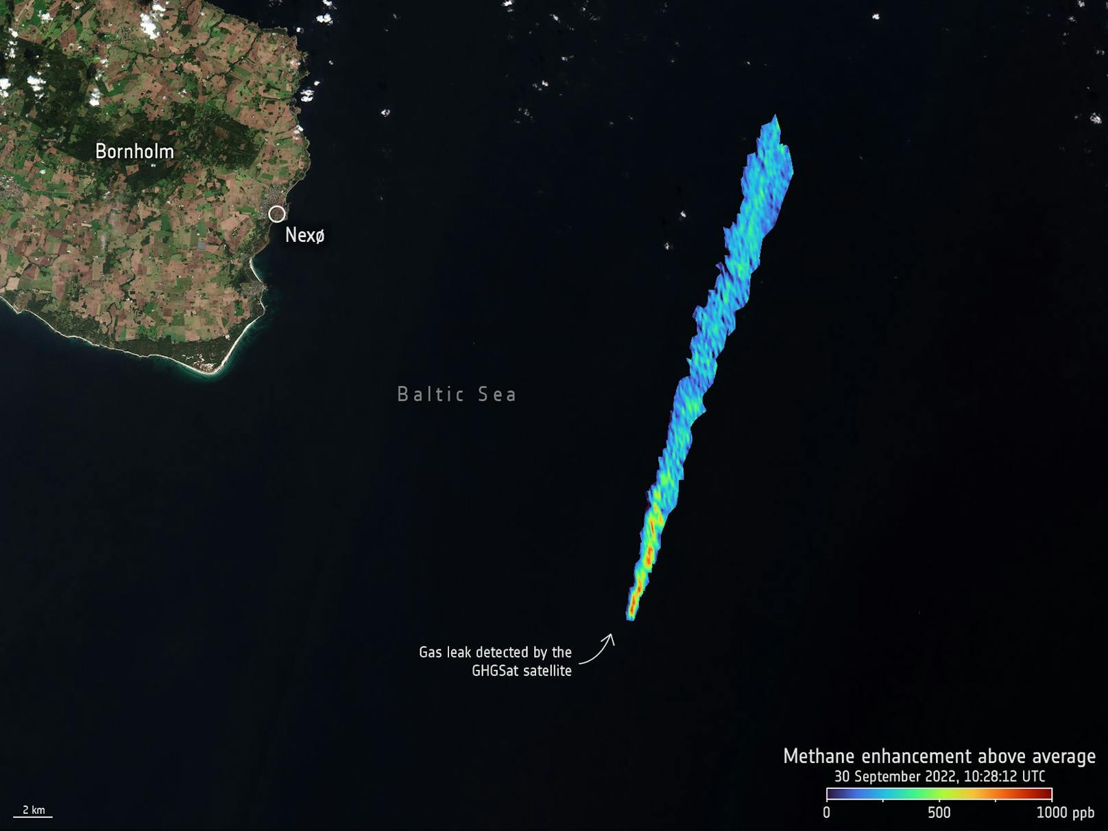 Bilder des GHGSat-Satelliten zeigen die Methan-Konzentration in der Atmosphäre, entstanden durch ein Leck in der Nordstream-Pipeline vor der Küste Schwedens.&nbsp;