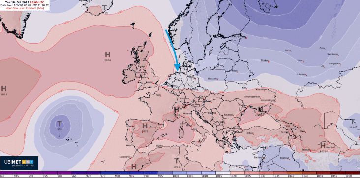 Luftdruckverteilung von Samstag bis Mittwoch