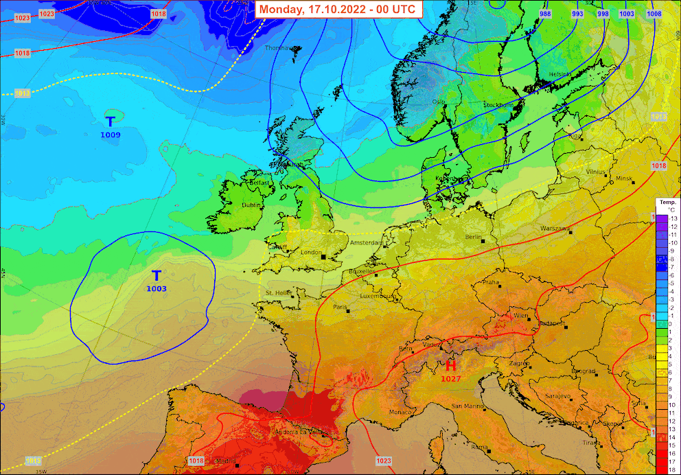 Temperaturänderung von Montag bis Donnerstag
