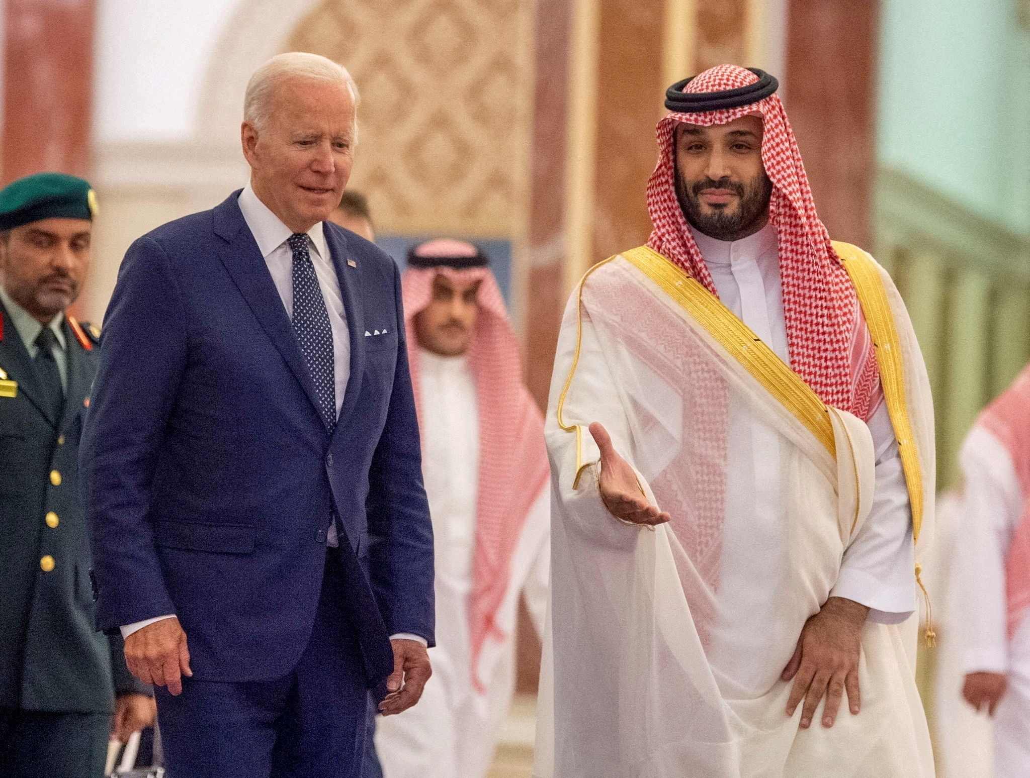 FILE PHOTO: Saudi Crown Prince Mohammed bin Salman receives U.S. President Joe Biden at Al Salman Palace upon his arrival in Jeddah, Saudi Arabia, July 15, 2022. Bandar Algaloud/Courtesy of Saudi Royal Court/Handout via REUTERS ATTENTION EDITORS - THIS PICTURE WAS PROVIDED BY A THIRD PARTY     TPX IMAGES OF THE DAY/File Photo