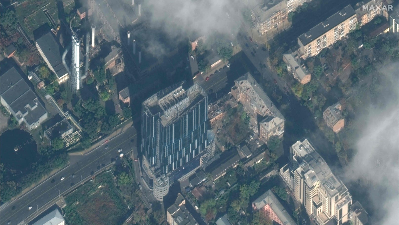 Auch das Samsung-Hauptquartier in Kiew wurde durch die Geschosse getroffen. Bild aufgenommen am 12.10.2022