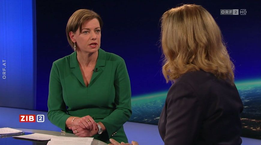 ÖGKV-Präsidentin Elisabeth Potzmann in der ZIB2 mit ORF-Moderatorin Marie-Claire Zimmermann am 14. Oktober 2022.