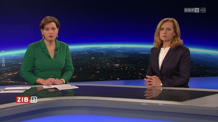 ÖGKV-Präsidentin Elisabeth Potzmann in der ZIB2 mit ORF-Moderatorin Marie-Claire Zimmermann am 14. Oktober 2022.