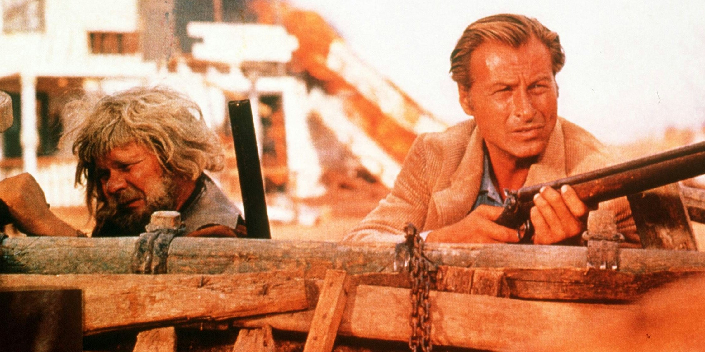 Szene mit RALF WOLTER (Sam Hawkens) und LEX BARKER (Old Shatterhand) 