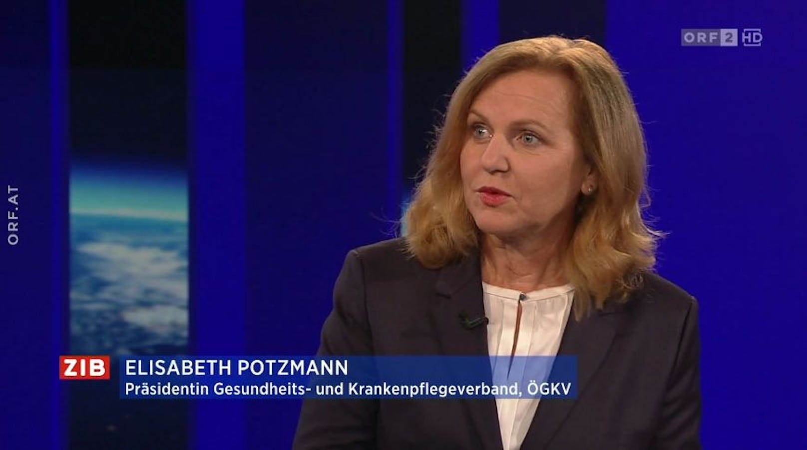 ÖGKV-Präsidentin Elisabeth Potzmann in der ZIB2 mit ORF-Moderatorin Marie-Claire Zimmermann am 14. Oktober 2022.