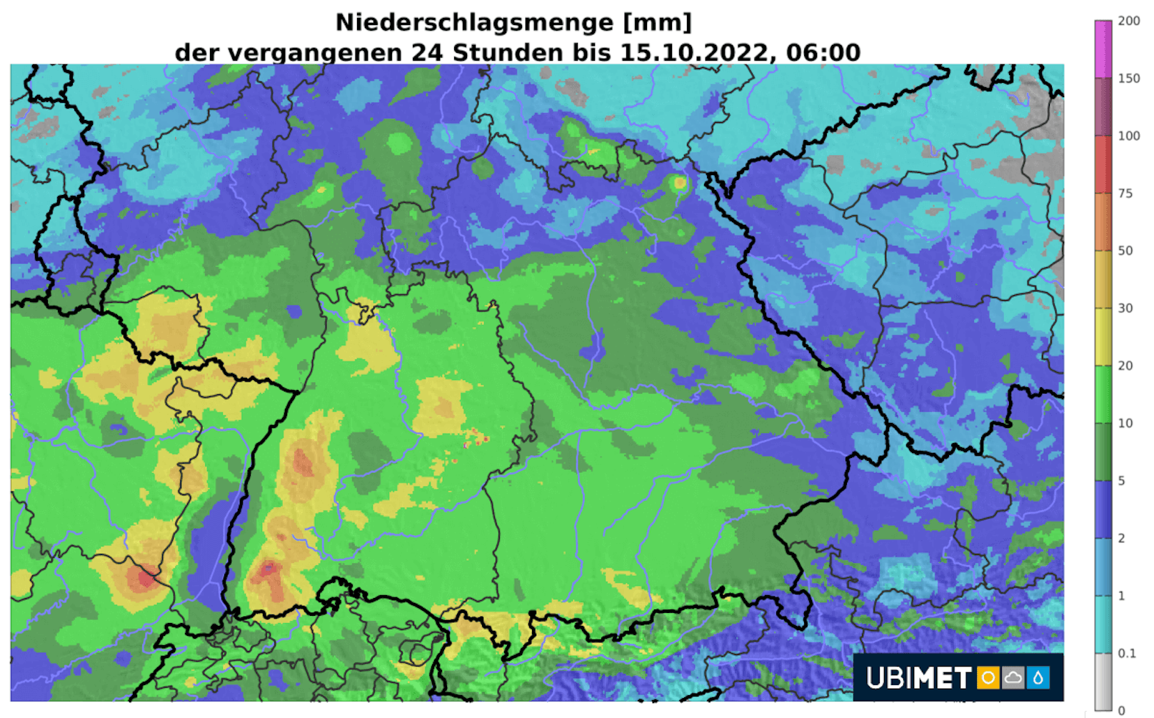 Unter anderem im Weststau des Schwarzwaldes hat es bereits mehr als 50 mm geregnet.