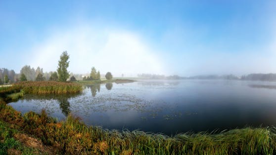 Ein Nebelbogen vor einer Teichlandschaft in Lettland.