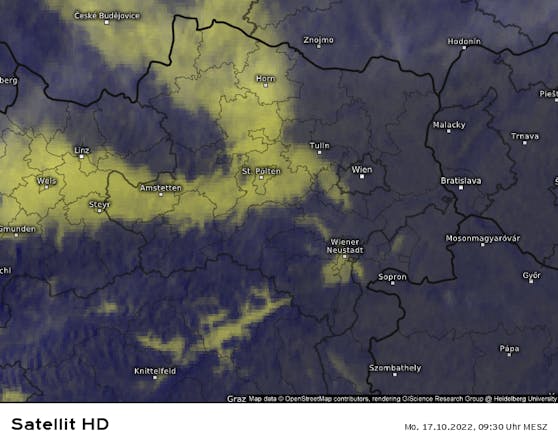 Zäher Nebel (gelb) bedeckte um 9.30 Uhr den Donauraum von Braunau über Wels, Amstetten und St. Pölten bis Wien sowie das Waldviertel.