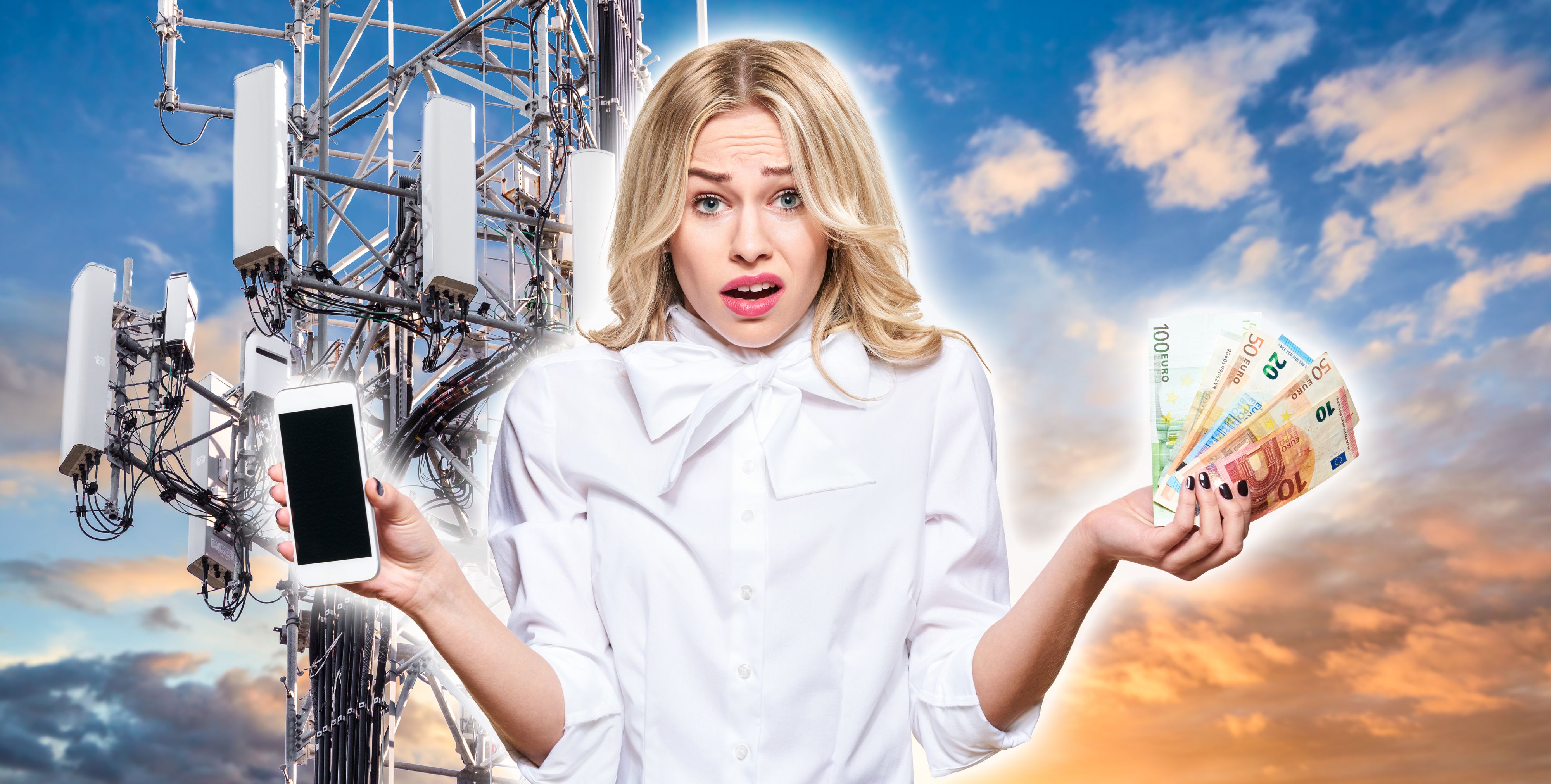 5G Sunset Cell Tower: Cellular communications tower for mobile phone and video data transmission