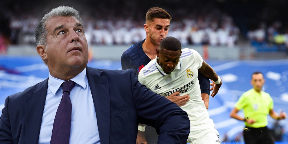 Barca-Boss Joan Laporta (l.) ist sauer, David Alaba lässt im Clasico nichts anbrennen.