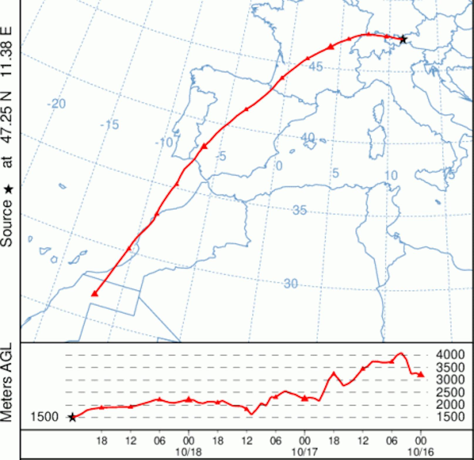 Ursprungsregion der Luftmasse, die sich zur Wochenmitte im Alpenraum befindet wird.