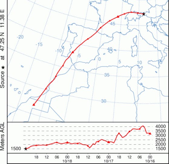 Ursprungsregion der Luftmasse, die sich zur Wochenmitte im Alpenraum befindet wird.