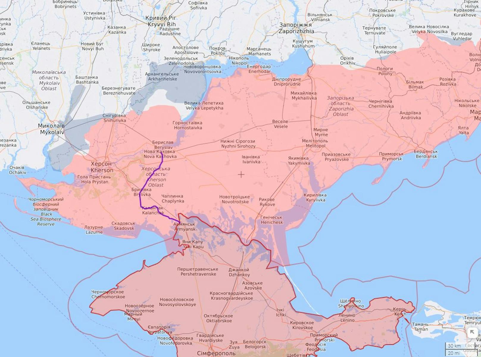 Russisch-besetzte Gebiete der Südukraine mit Stand 18. Oktober 2022. Die Stadt Cherson liegt westlich, der Großteil der gleichnamigen Oblast östlich des Flusses Dnipro nahe der Krim.
