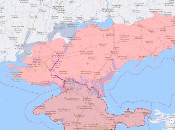 Russisch-besetzte Gebiete der Südukraine mit Stand 18. Oktober 2022. Die Stadt Cherson liegt westlich, der Großteil der gleichnamigen Oblast östlich des Flusses Dnipro nahe der Krim.