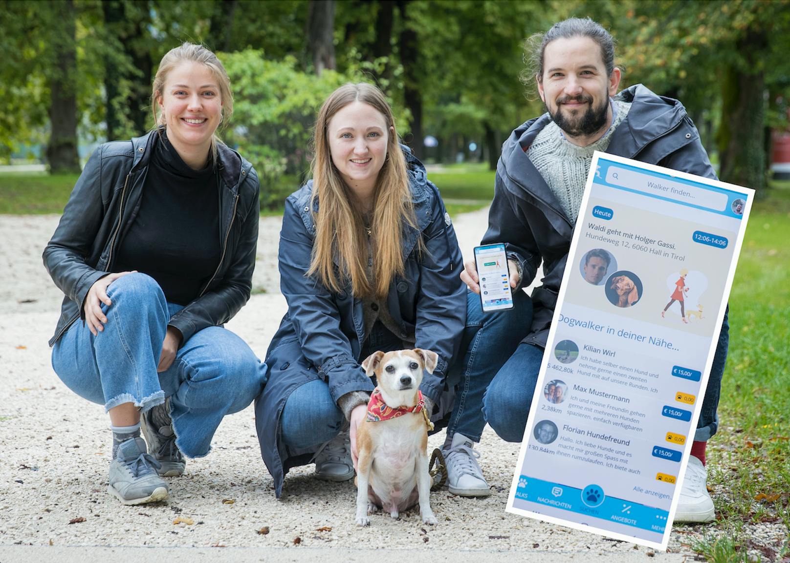 Die App-Gründer Luise Petzhold, Sophie Zimmermann und Kilian Wirl (v.l.) mit Hund "Pumba".