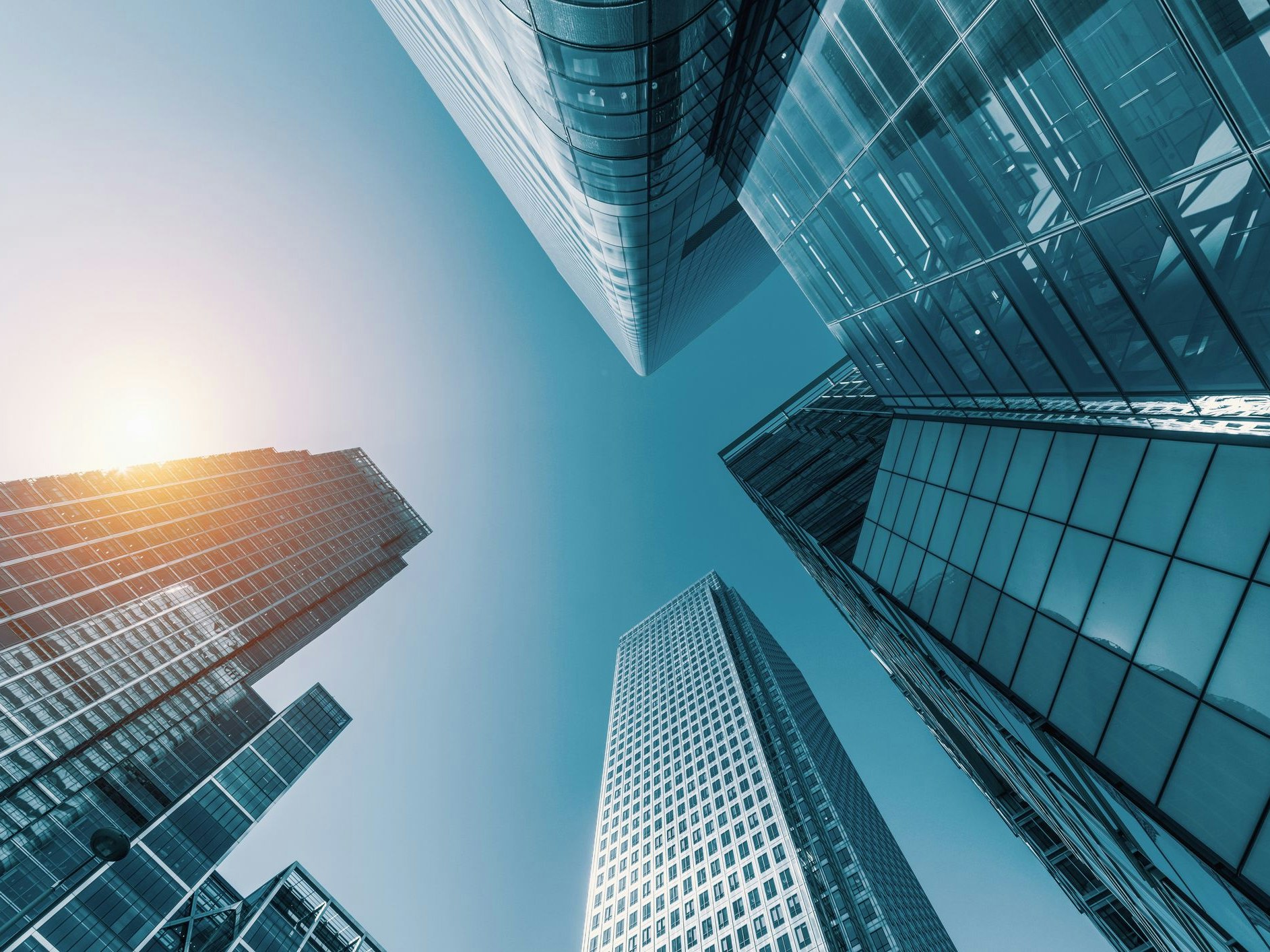 skyscrapers in a finance district from a low angle