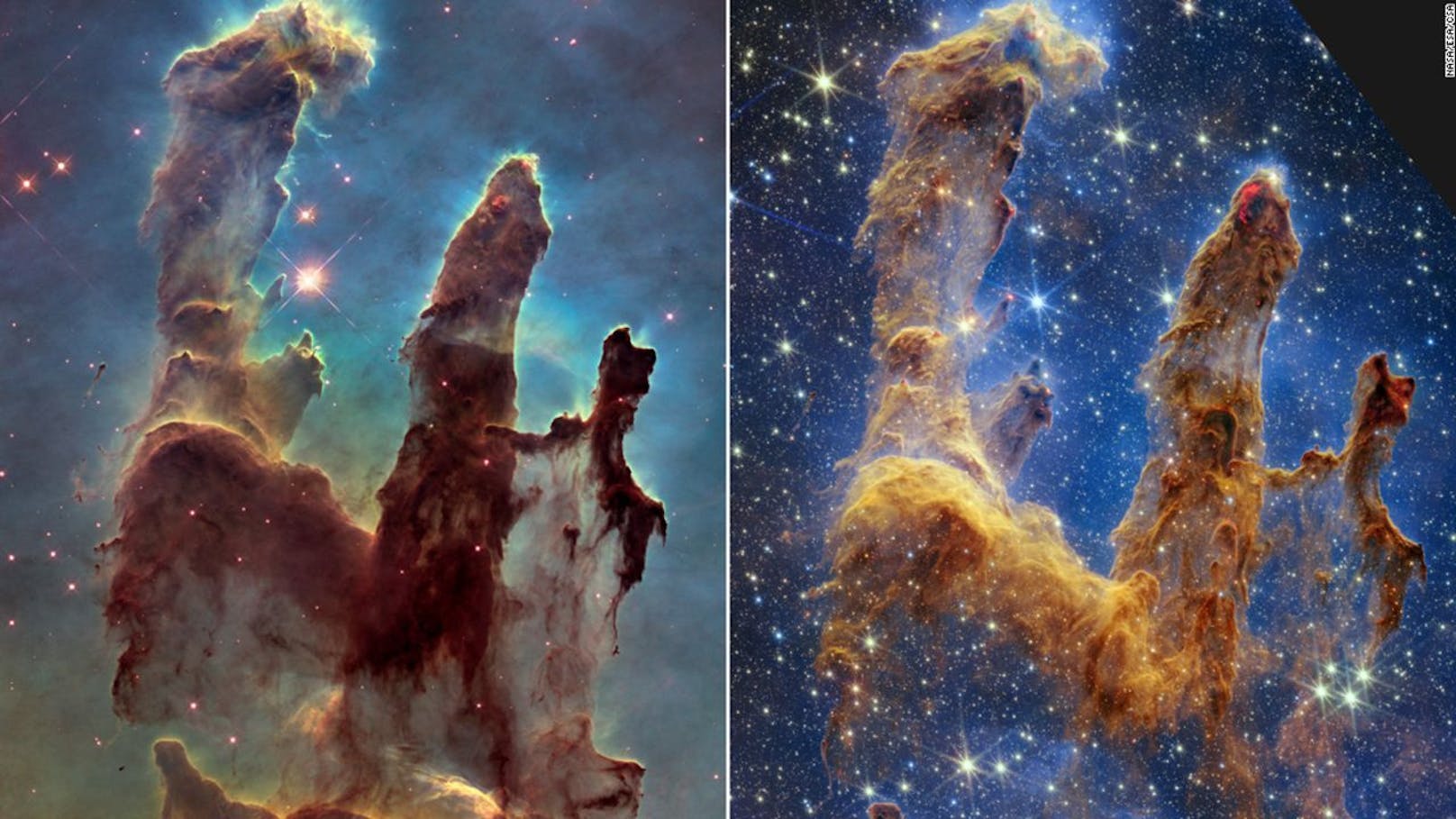 Die "Säulen der Schöpfung", aufgenommen von Hubble- (links) und Webb-Teleskop (rechts).