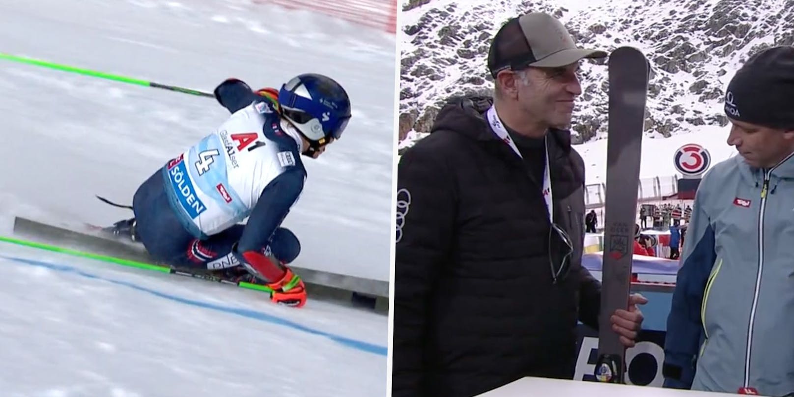 Henrik Kristoffersen fährt mit überklebtem Logo. Toni Giger zeigt es auf seinen Skiern nach dem Sölden-Rennen.