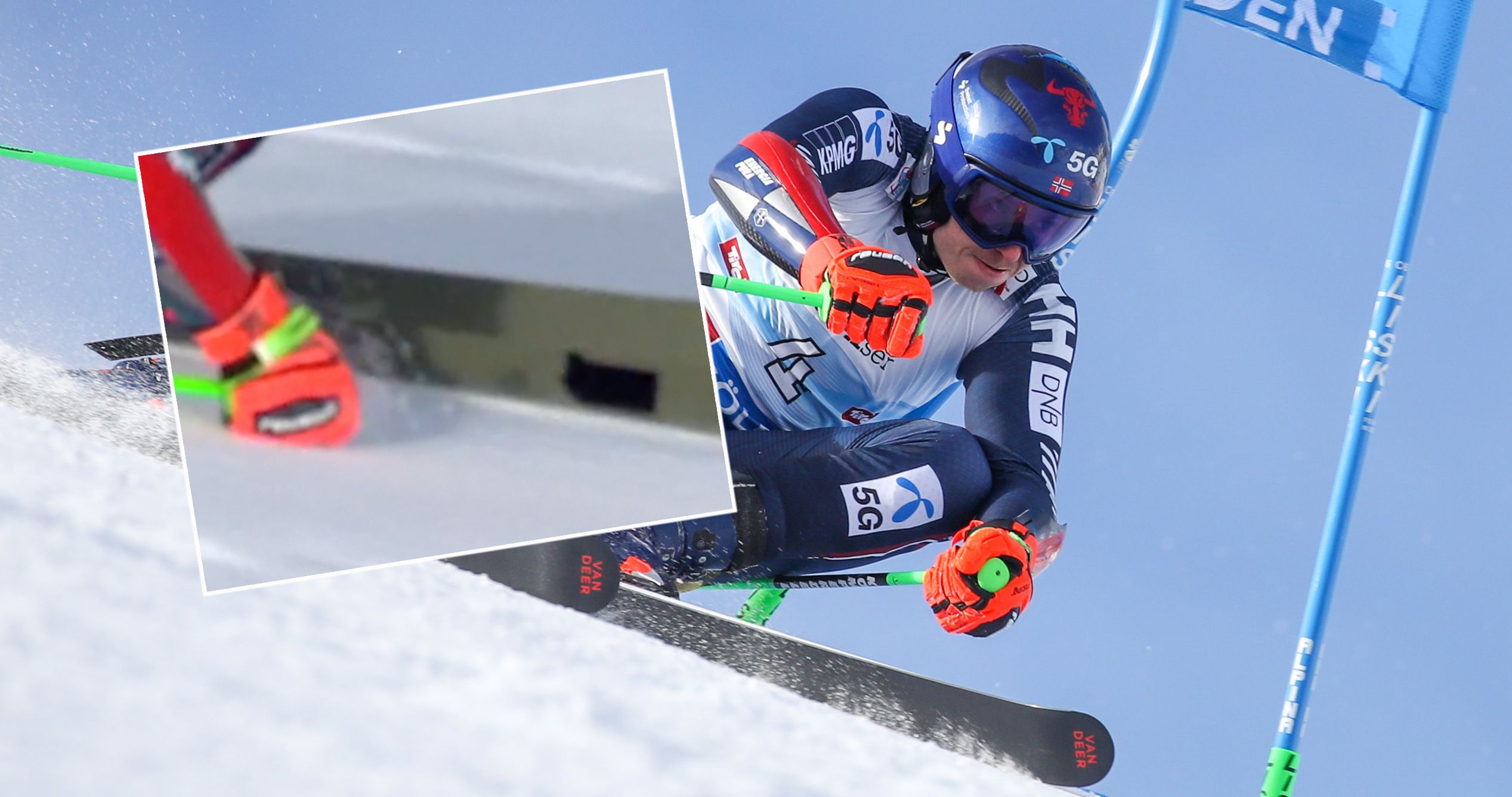 Abgeklebte Logos am "Van Deer"-Ski von Henrik Kristoffersen