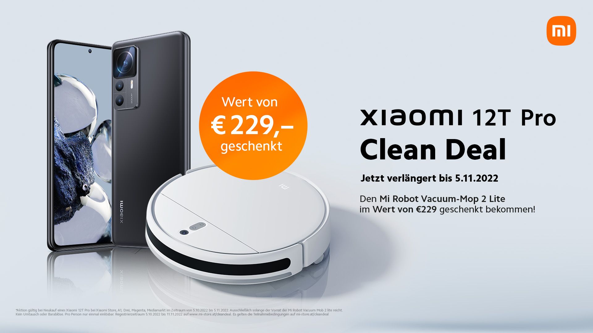 Xiaomi verlängert Clean Deal: Zu jedem Xiaomi 12T Pro Smartphone gibt es den Mi Robot Vacuum-Mop 2 Lite dazu.