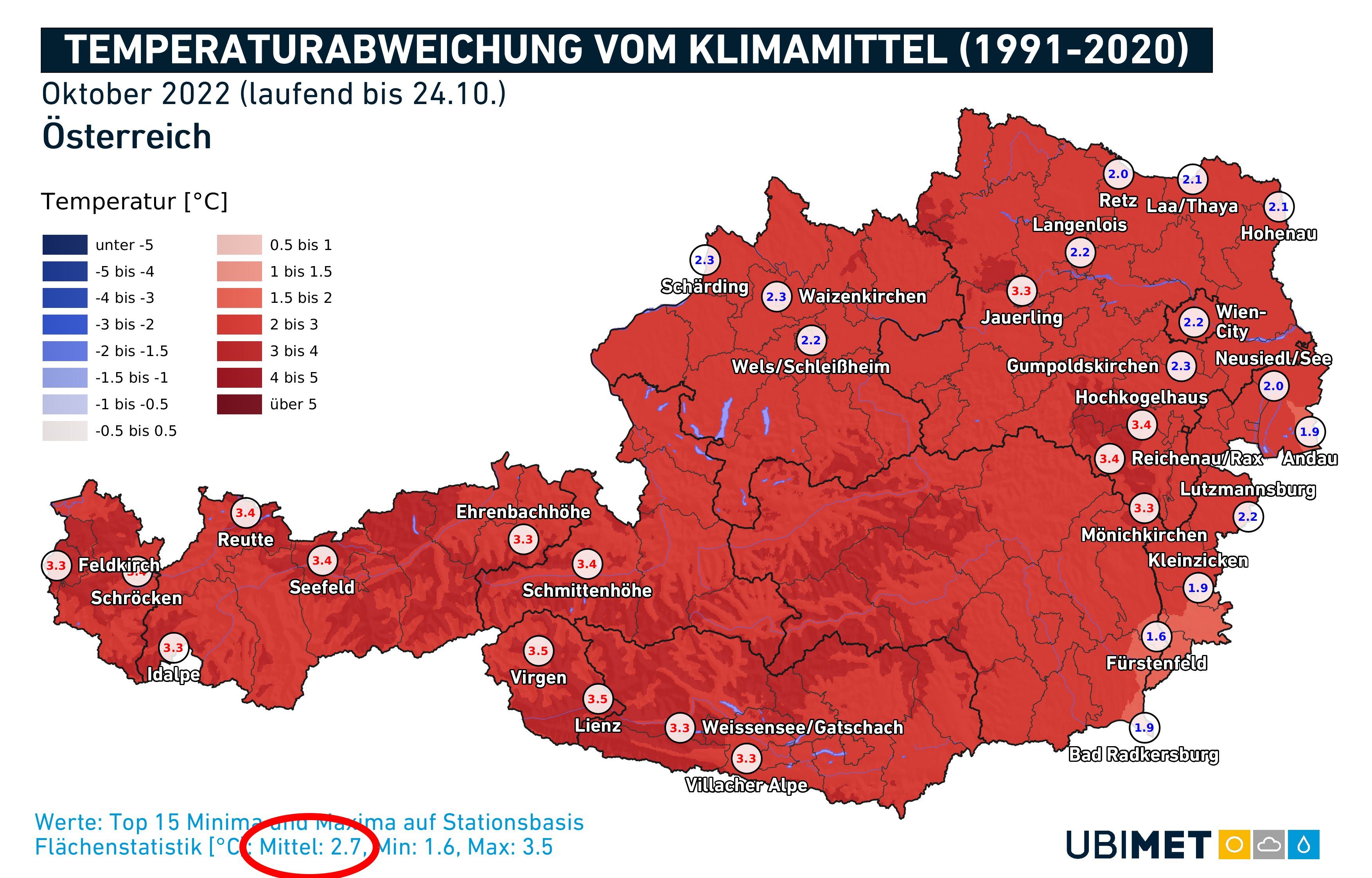 Temperaturabweichung vom Klimamittel 1991-2020.