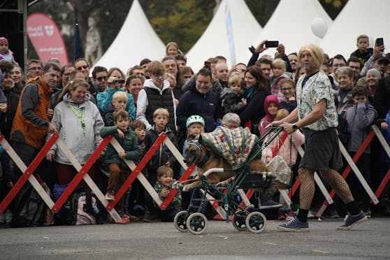 Nanu, was ist denn hier passiert? Bei der Präsentation der Polizeihunde am Wiener Sicherheitsfest sorgte ein Vierbeiner im Kinderwagen mit recht maskulinem Frauchen für Unterhaltung.