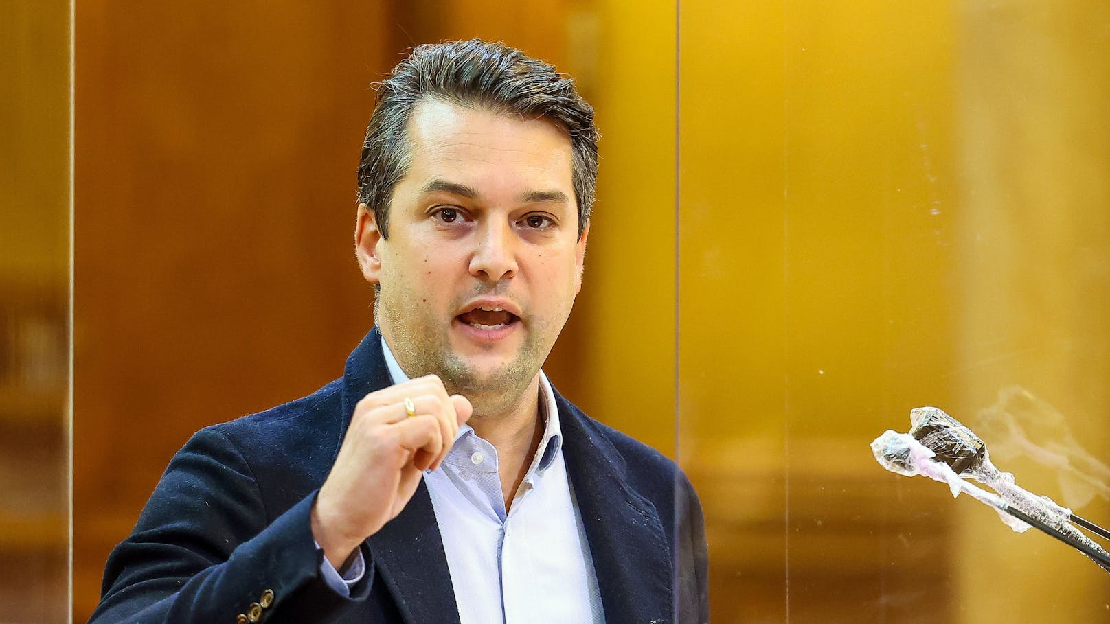 Dominik Nepp (FPÖ) ärgert sich über den Privatjet-Trip des Kanzlers und der Energieministerin Leonore Gewessler.