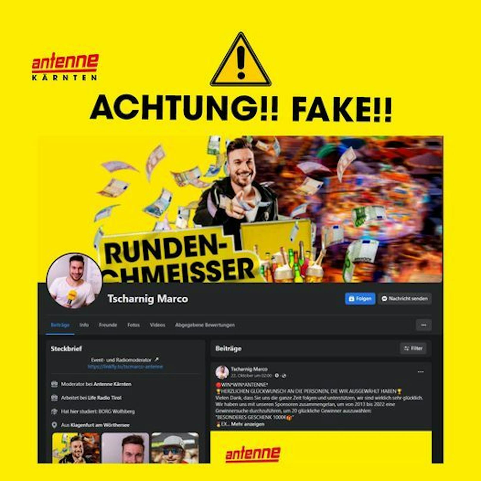 Antenne Kärnten warnt auf Facebook vor den falschen Profilen ihrer Moderatoren.