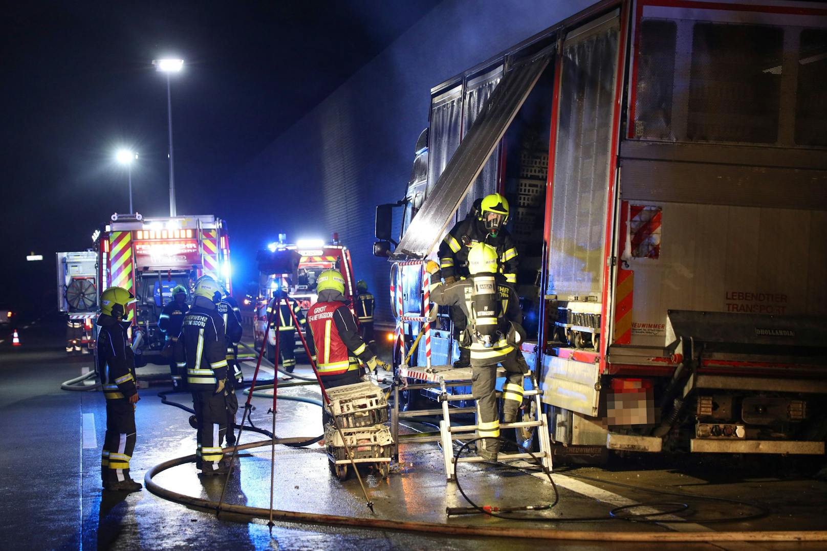 Ein Brand eines Tiertransporters auf der Westautobahn bei Ansfelden (Bezirk Linz-Land) wurde in der Nacht auf Freitag zu einer Herausforderung für die Einsatzkräfte.