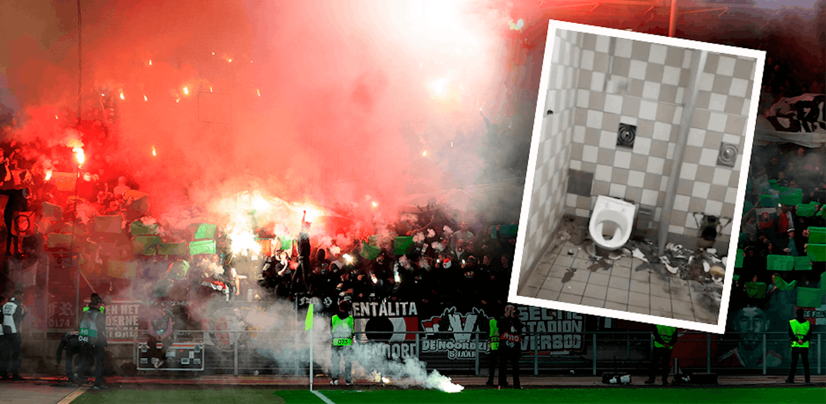 Fans von Feyenoord Rotterdam haben den Auswärtssektor in Graz zerstört. 