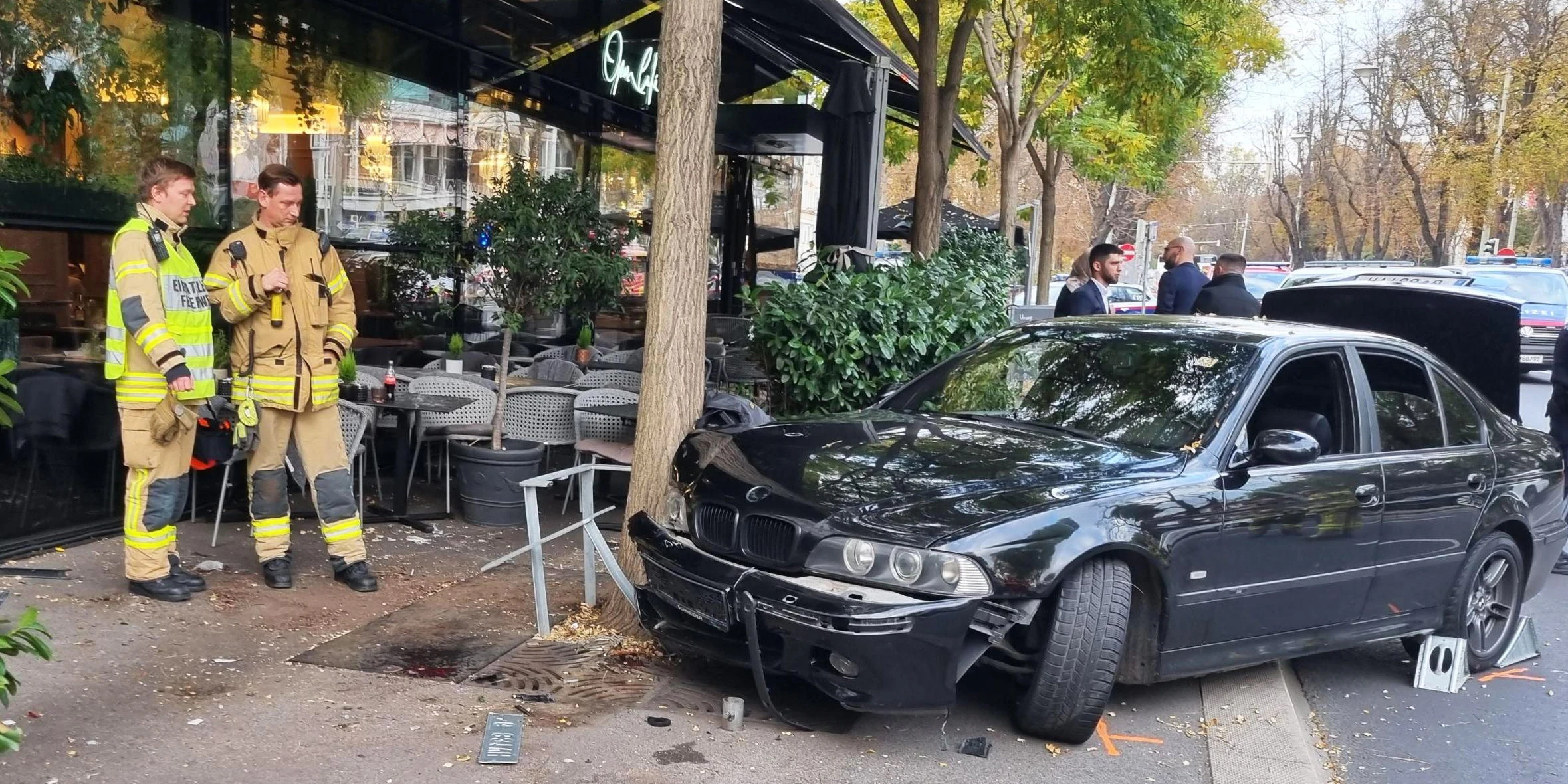Der Wagen kam an einem Baum zum Stillstand.